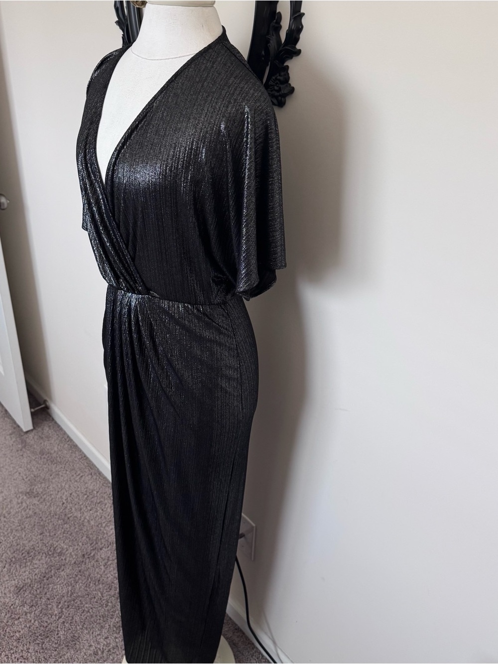 ASOS Dark Silver Black Metallic Wrap Kimono Maxi Dress - Picture 7 of 11